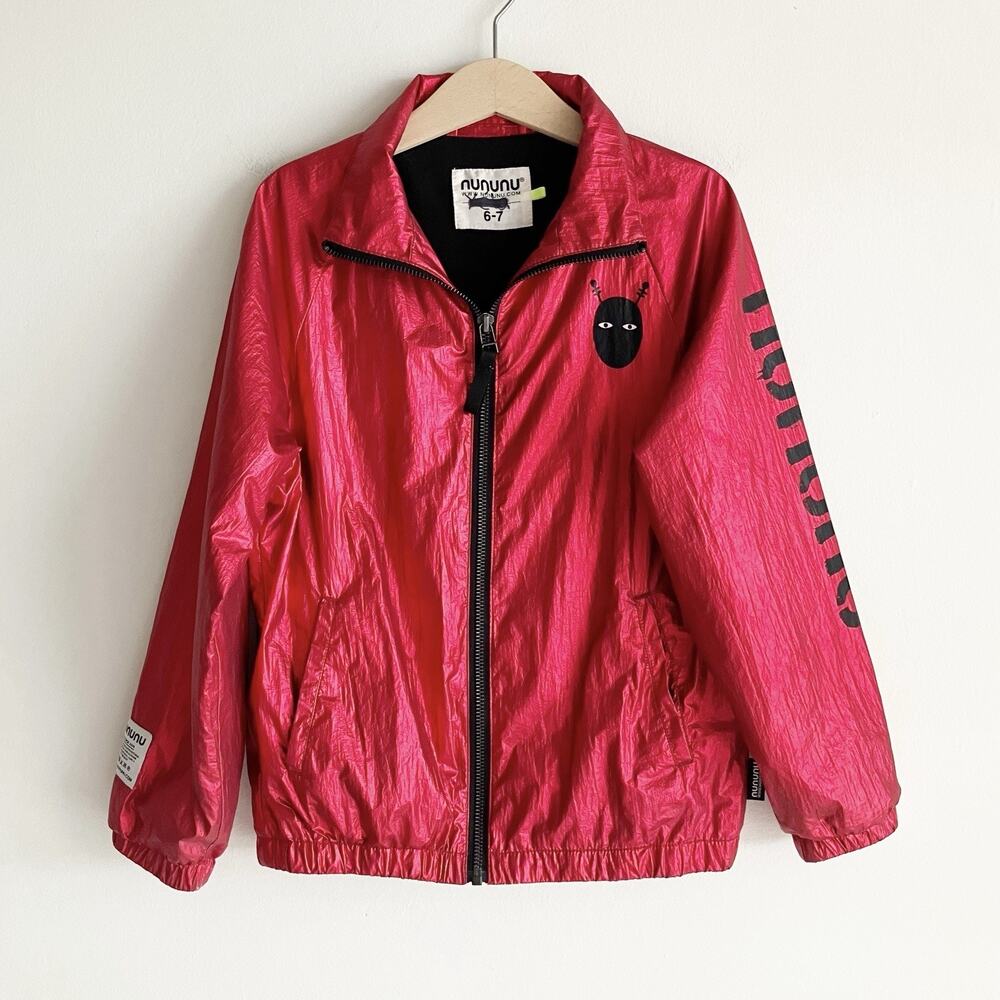 PLS READ Nununu Jacket Sz 6-7 Metallic Red Alien Face Logo Windbreaker Pockets